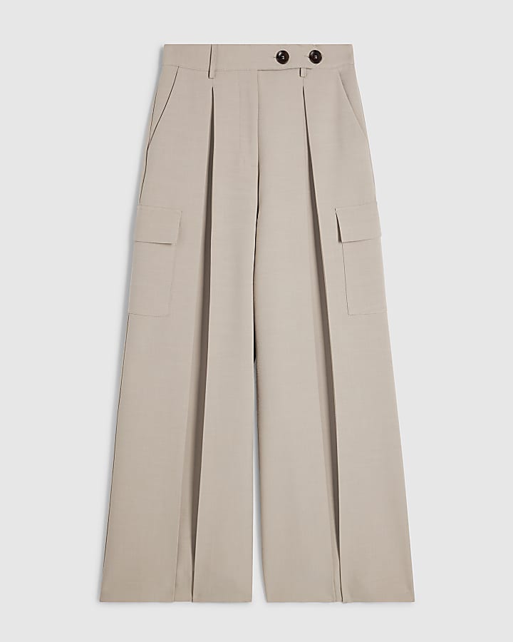 Beige Pocket Wide Leg Tailored Trousers