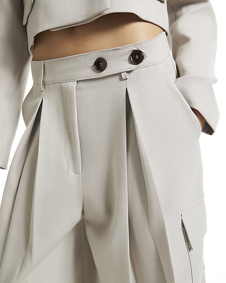 Beige Pocket Wide Leg Tailored Trousers