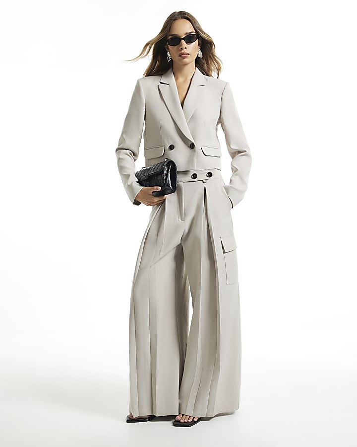 Beige Pocket Wide Leg Tailored Trousers