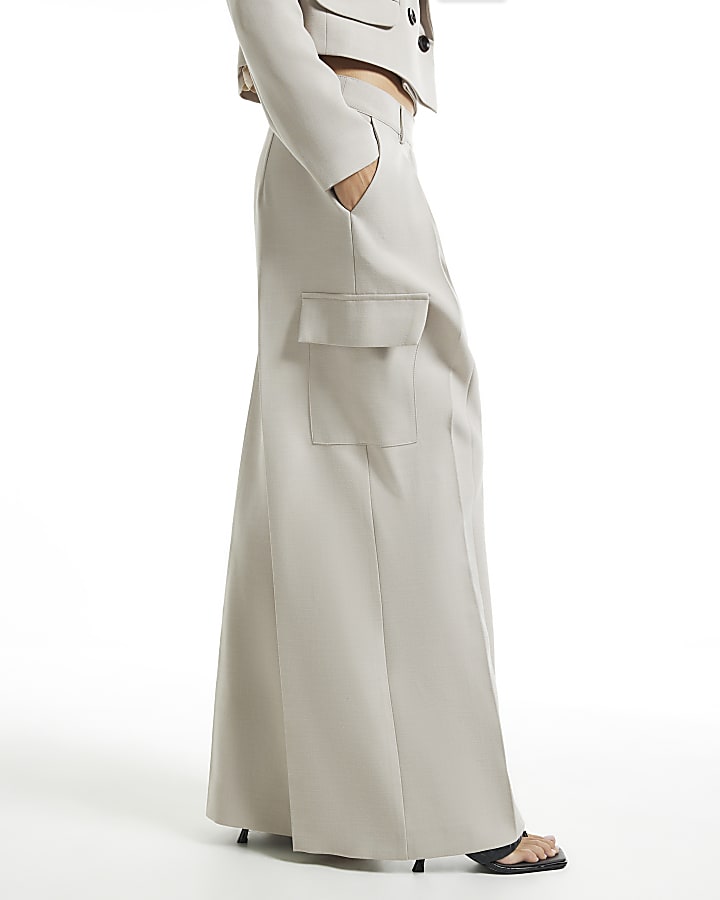 Beige Pocket Wide Leg Tailored Trousers