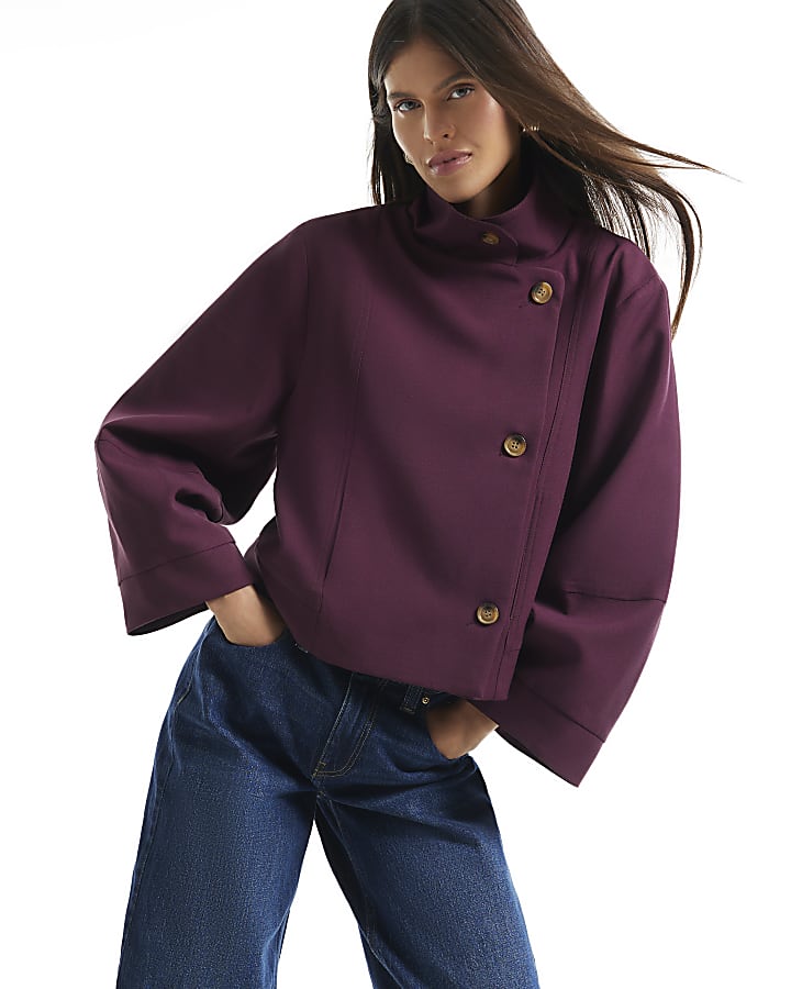 Red Funnel Neck Cocoon Sleeve Jacket