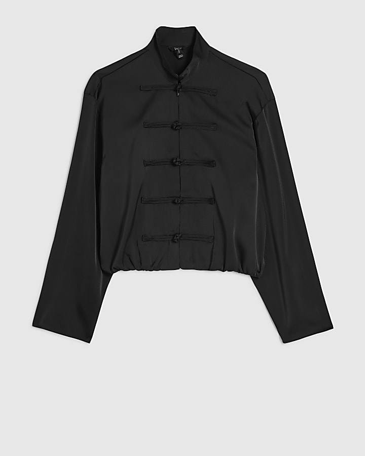 Black Funnel Neck Frogging Bomber Top