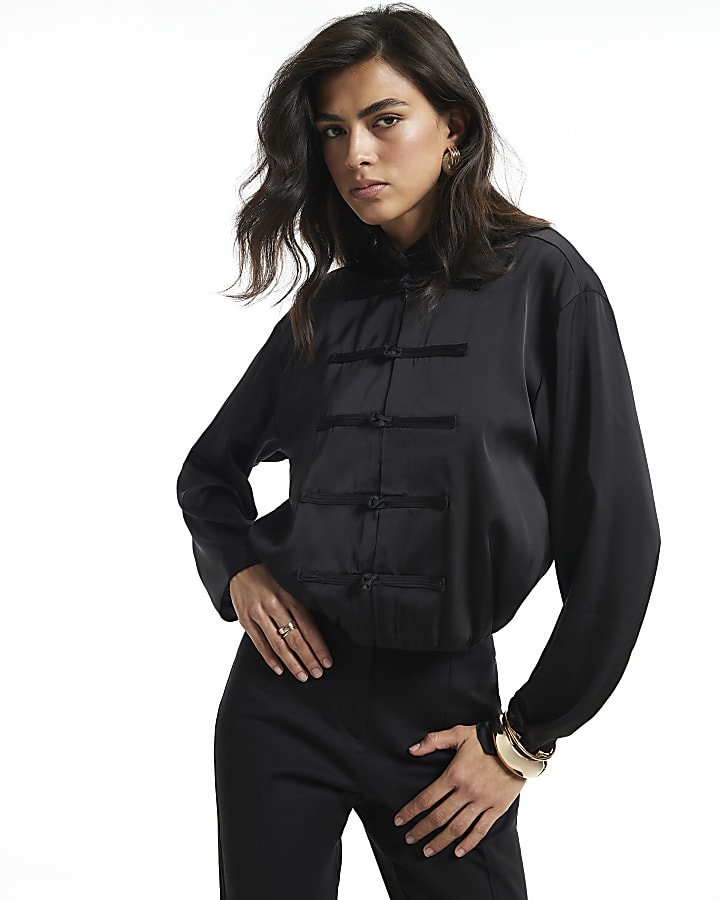 Black Funnel Neck Frogging Bomber Top