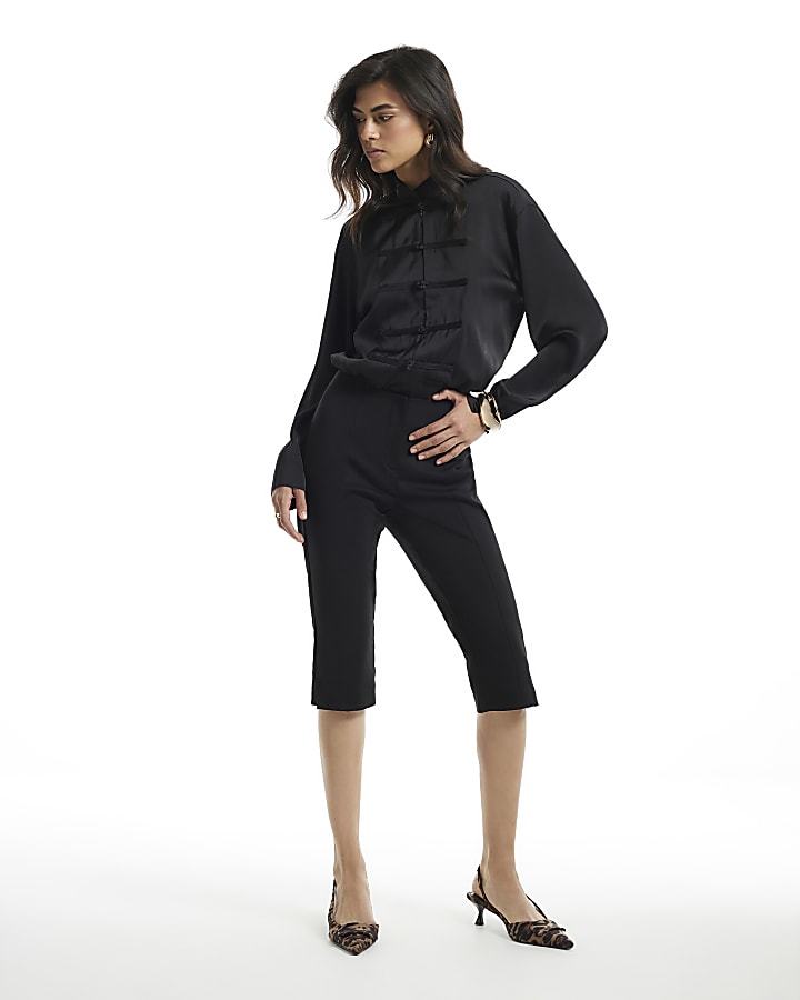 Black Funnel Neck Frogging Bomber Top
