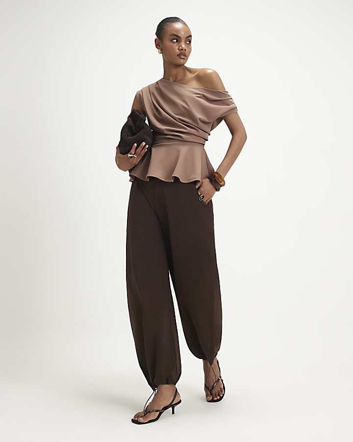 Brown Drape Peplum Top