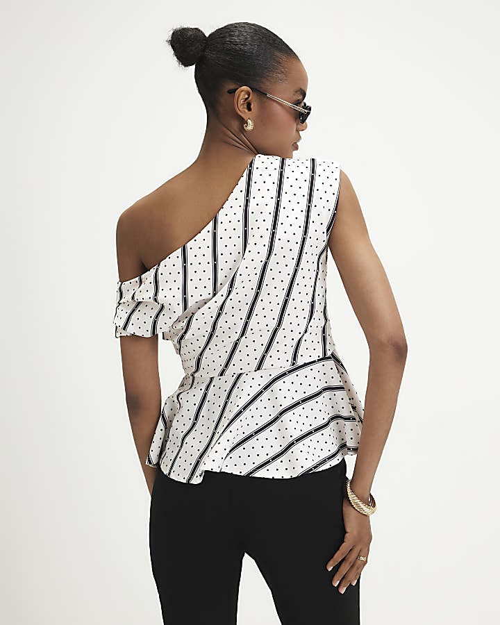 White Spot Print Drape Peplum Top
