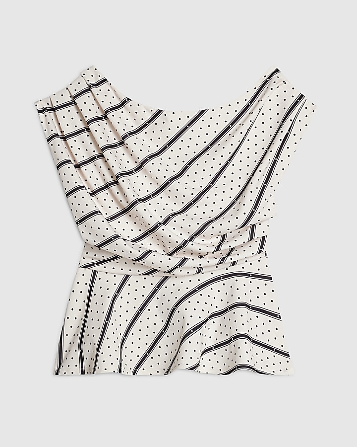 White Spot Print Drape Peplum Top
