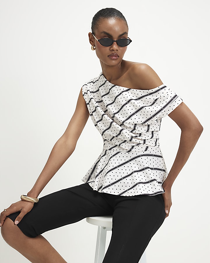 White Spot Print Drape Peplum Top