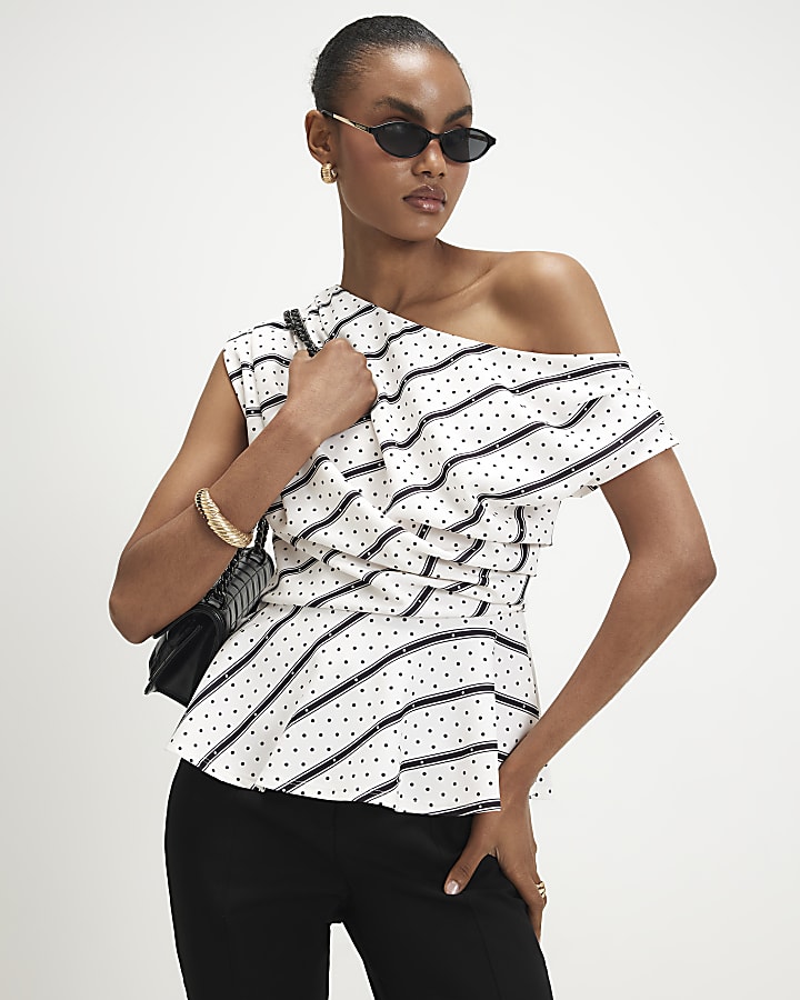 White Spot Print Drape Peplum Top