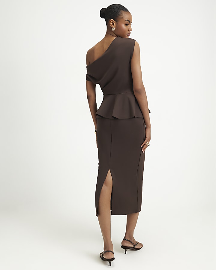 Brown Peplum Midi Dress