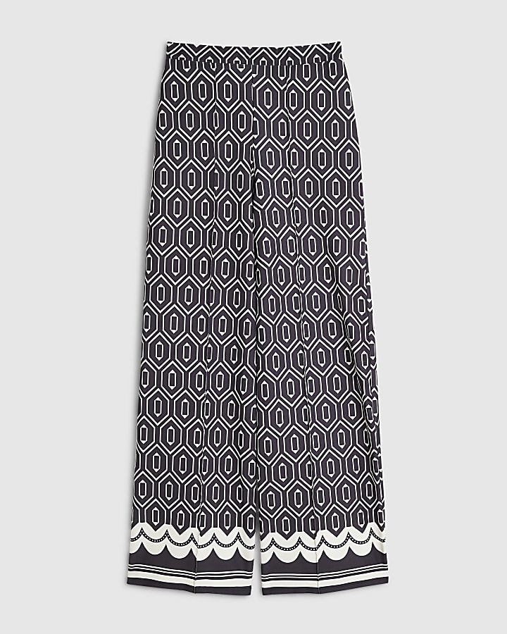 Black Geometric Print Wide Leg Trousers