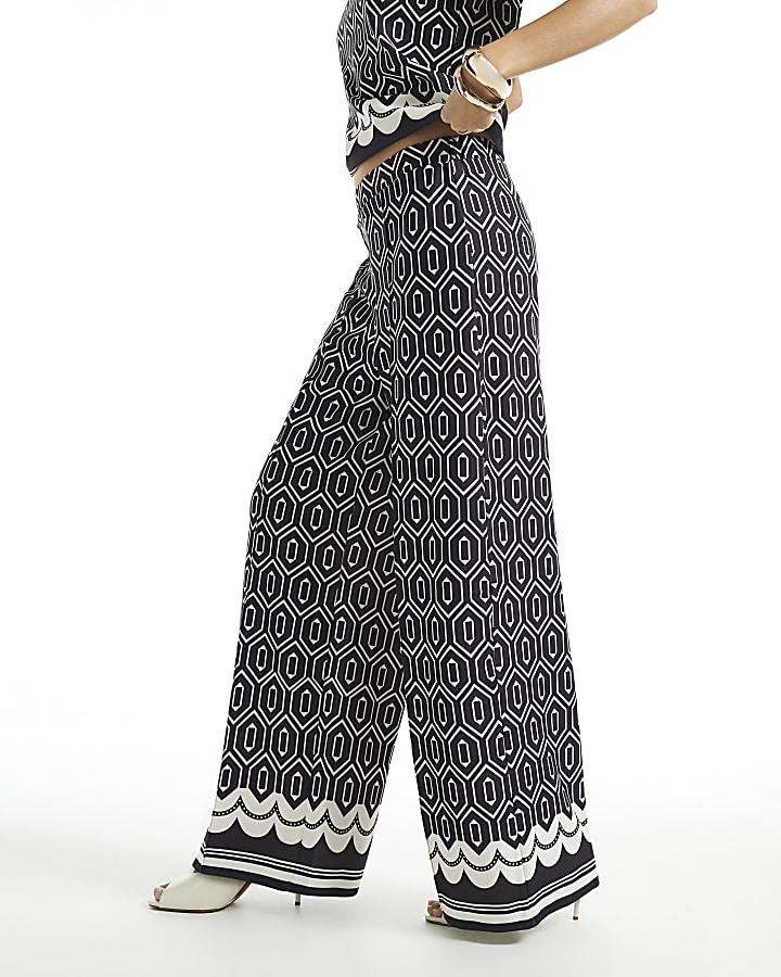 Black Geometric Print Wide Leg Trousers