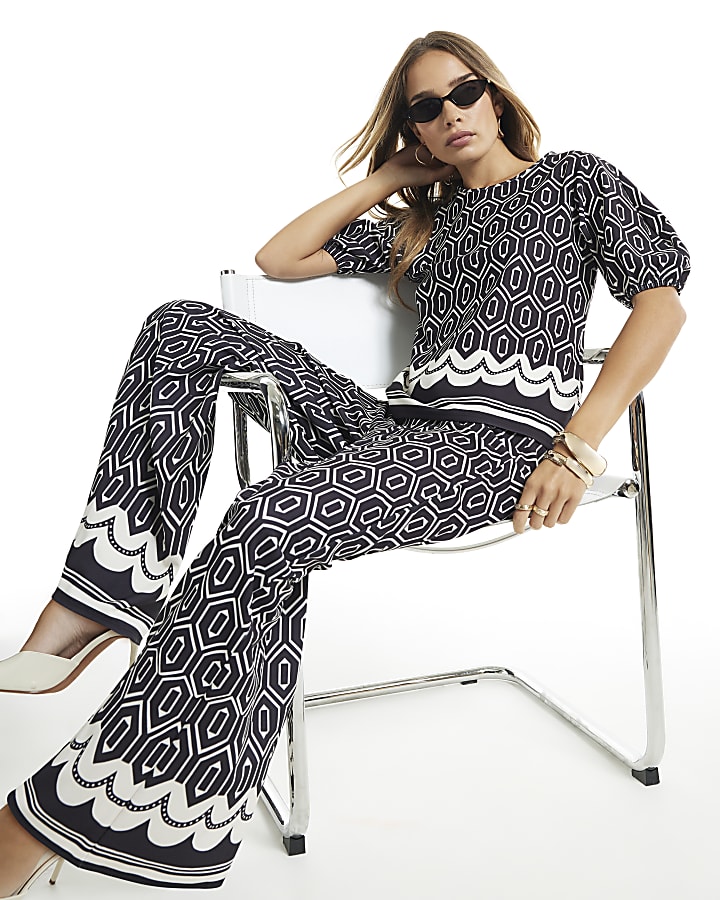 Black Geometric Print Wide Leg Trousers