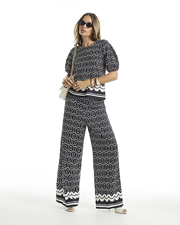 Black Geometric Print Wide Leg Trousers