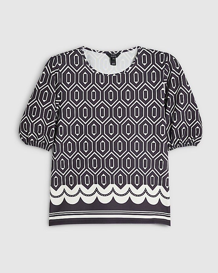 Black Geometric Print Puff Sleeve Top