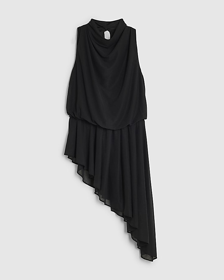 Black Halter Neck Asymmetric Hem Top