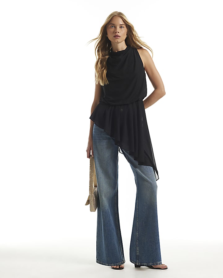 Black Halter Neck Asymmetric Hem Top