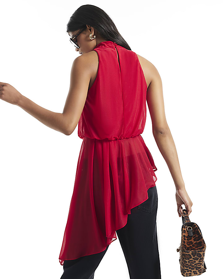 Red Cowl Neck Asymmetric Hem Top