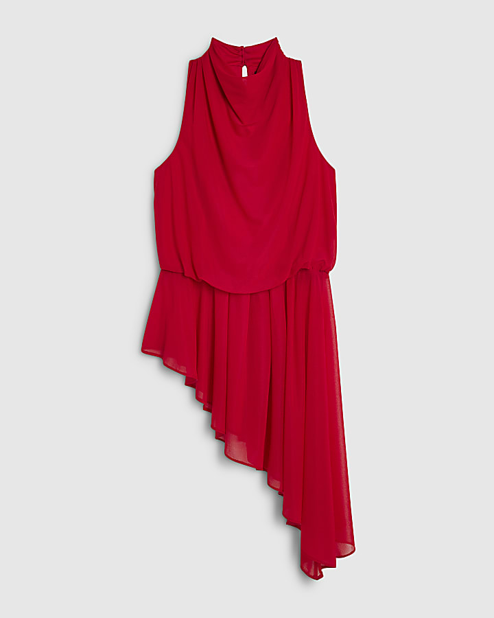 Red Cowl Neck Asymmetric Hem Top