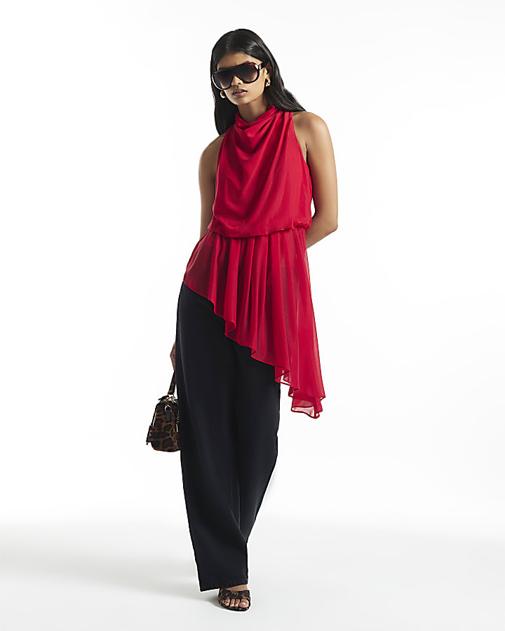 Red Cowl Neck Asymmetric Hem Top