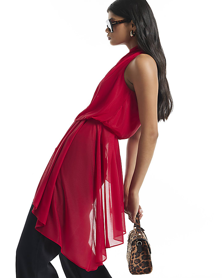 Red Cowl Neck Asymmetric Hem Top