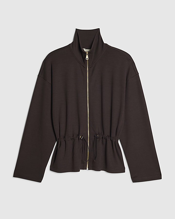 Brown Premium Long Sleeve Zip Peplum Jacket