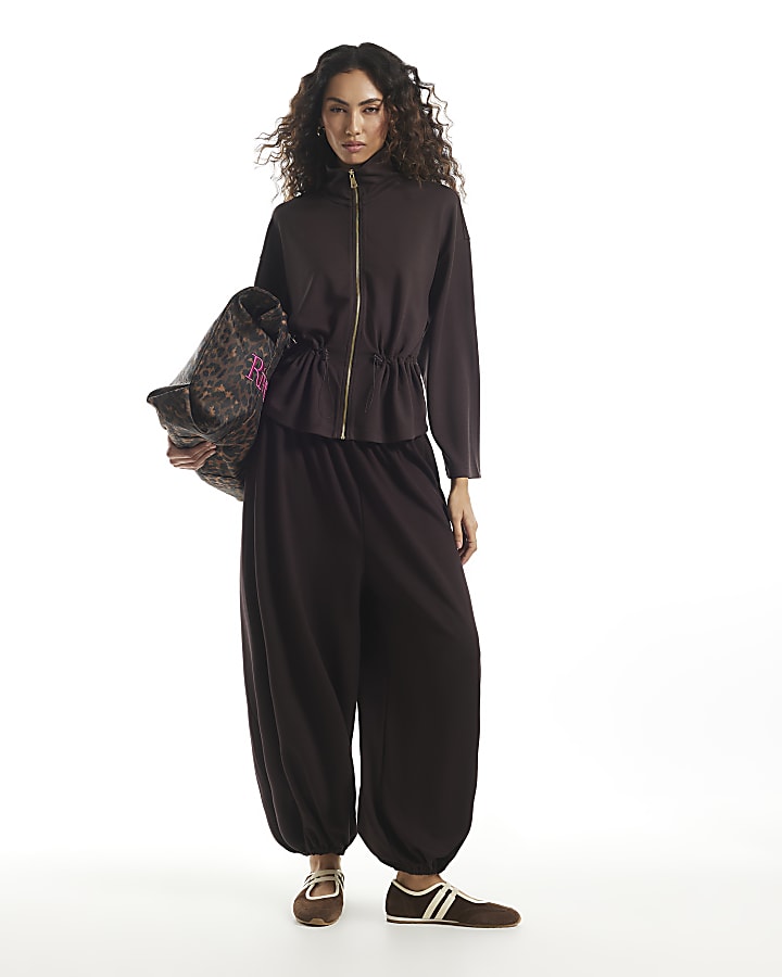 Brown Premium Long Sleeve Zip Peplum Jacket