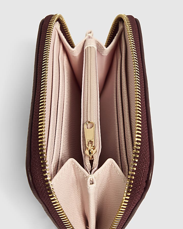 Burgundy Embroidered Zip Around Purse