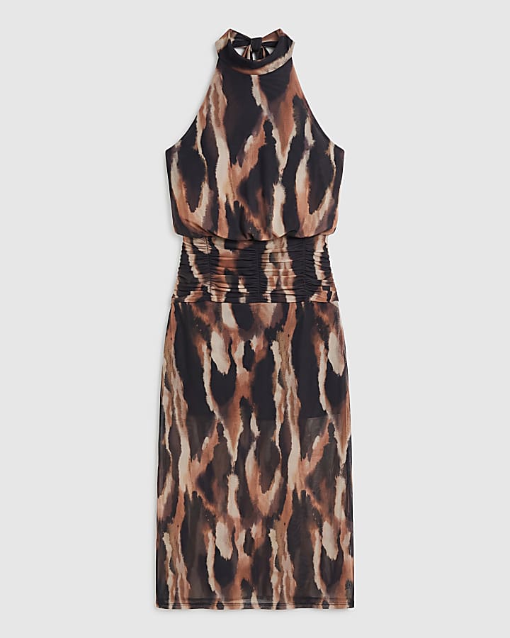 Brown Animal Print Halter Neck Midi Dress