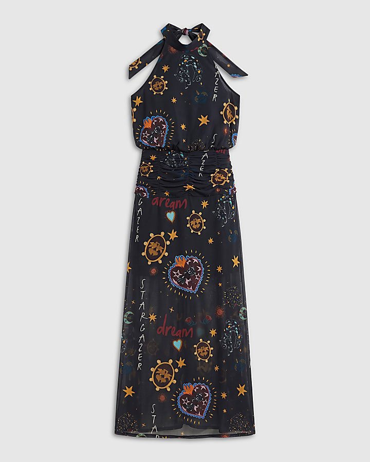 Black Cosmic Print Halter Neck Maxi Dress