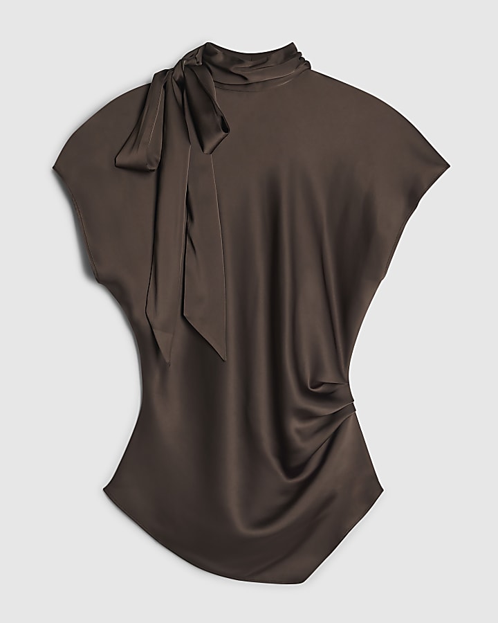 Brown Satin Tie Neck Sleeveless Blouse