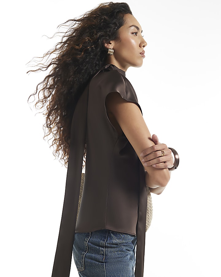 Brown Satin Tie Neck Sleeveless Blouse