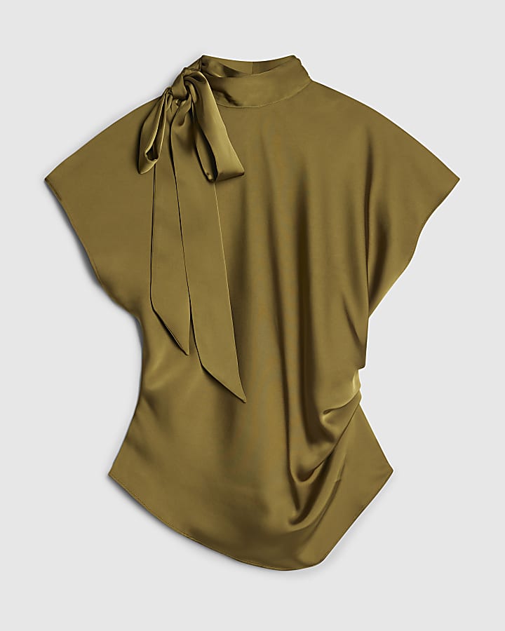 Khaki Satin Tie Neck Sleeveless Blouse