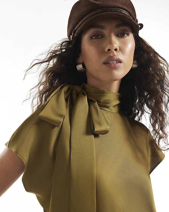 Khaki Satin Tie Neck Sleeveless Blouse