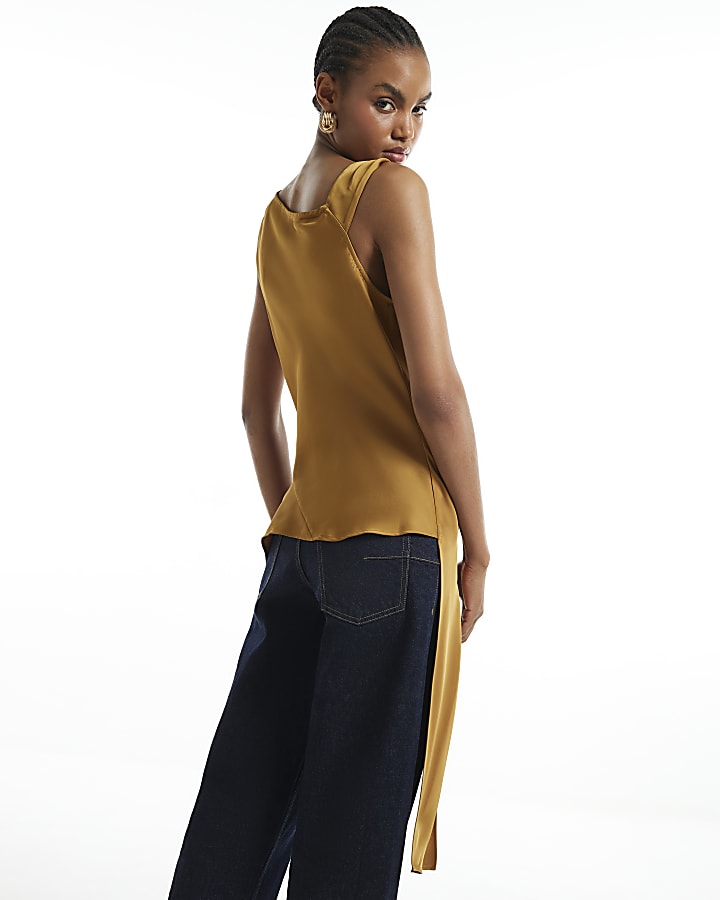 Yellow Satin Buckle Draped Sash Top