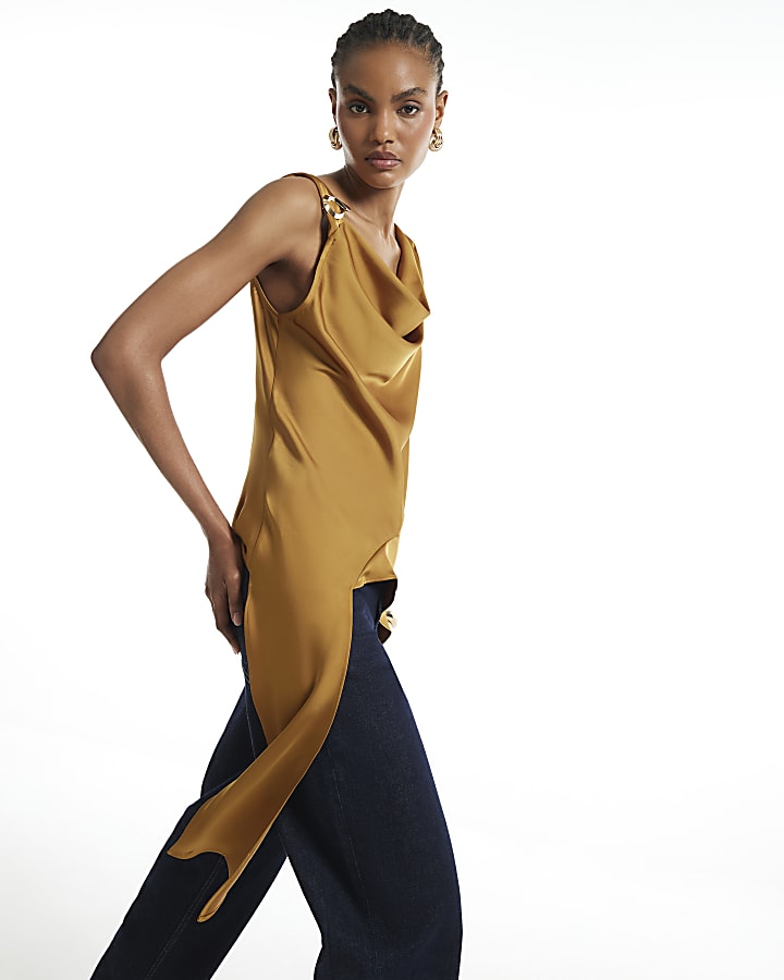 Yellow Satin Buckle Draped Sash Top