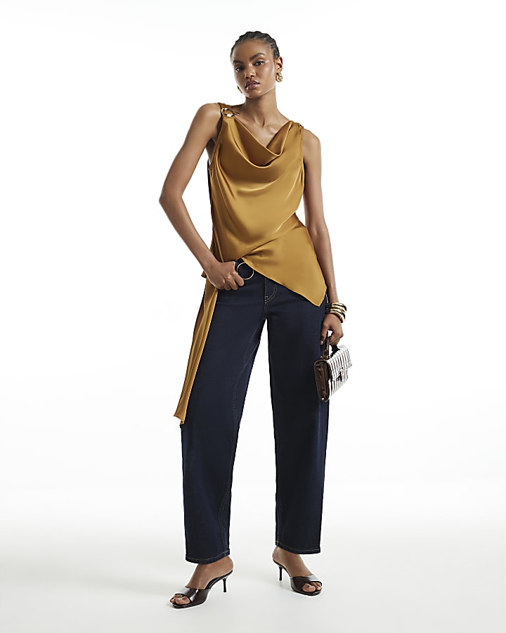 Yellow Satin Buckle Draped Sash Top