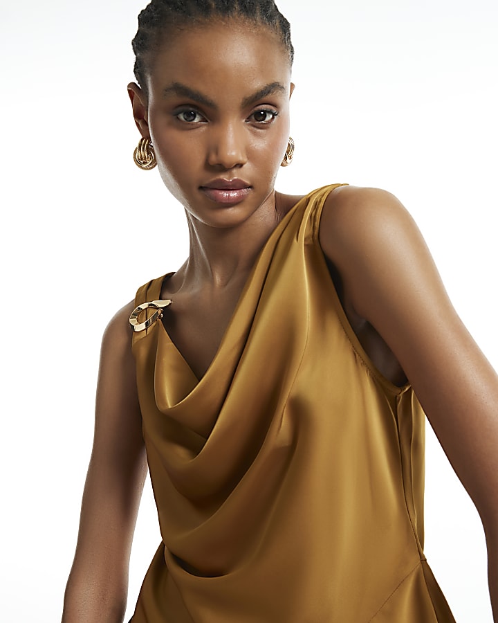 Yellow Satin Buckle Draped Sash Top