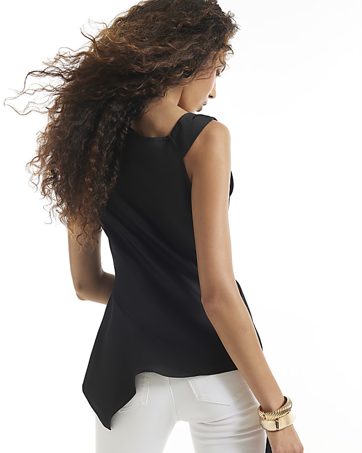 Black Satin Buckle Draped Sash Top