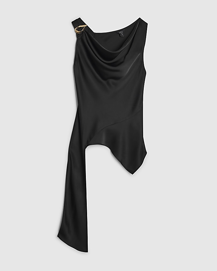 Black Satin Buckle Draped Sash Top