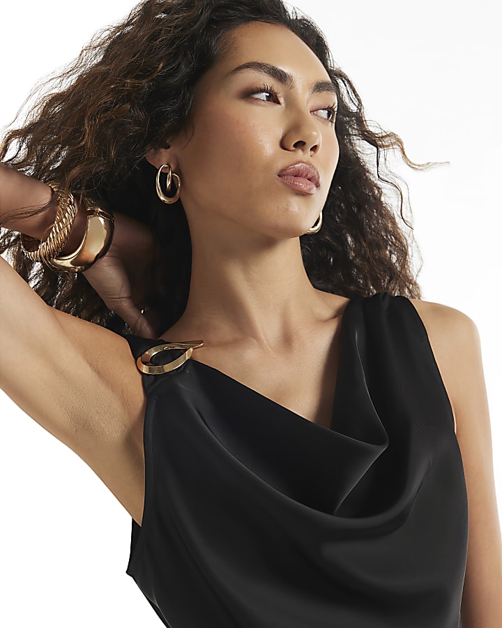 Black Satin Buckle Draped Sash Top