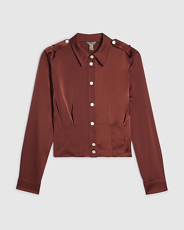 Brown Satin Tailored Long Sleeve Shirt