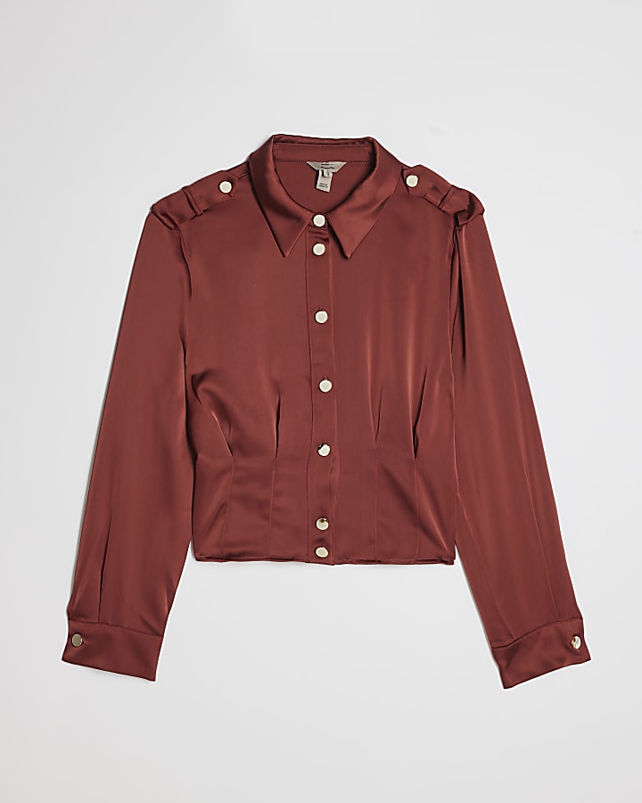 Petite Brown Satin Tailored Shirt