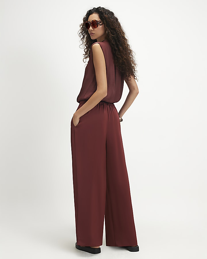 Brown Satin Wide Leg Trousers