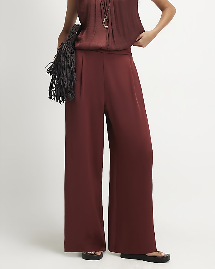 Brown Satin Wide Leg Trousers