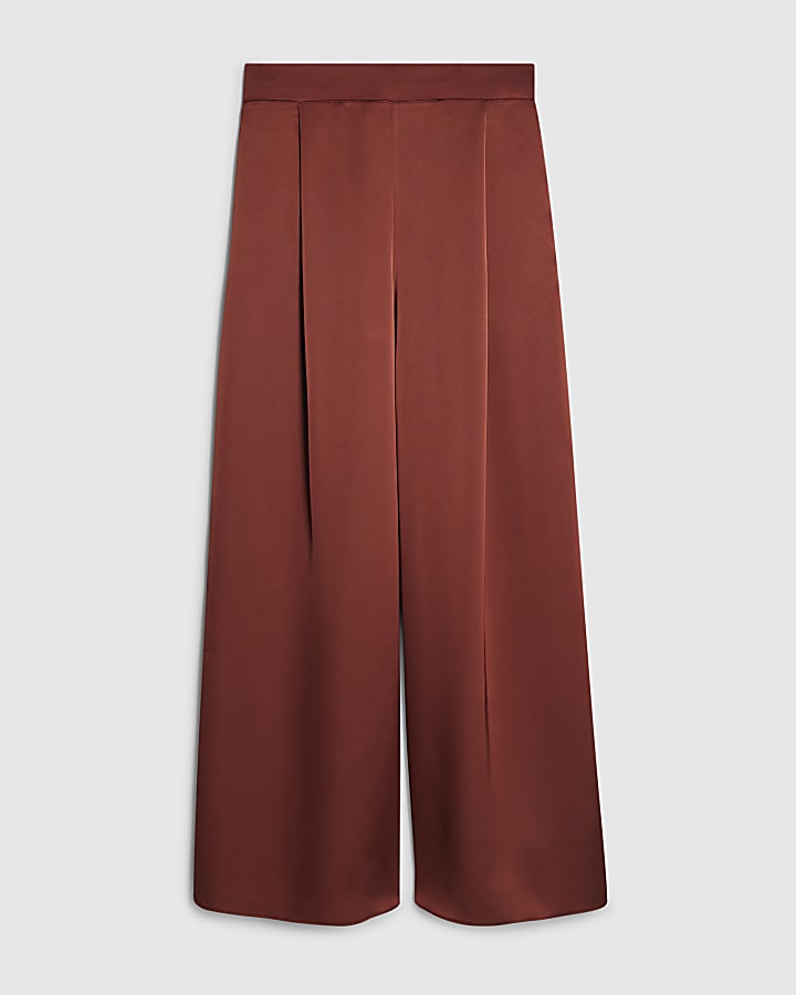 Petite Brown Satin Wide Leg Trousers