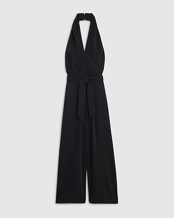 Black Halter Neck Belted Jumpsuit