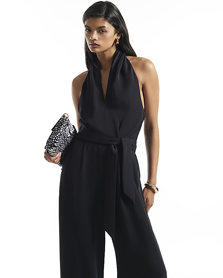 Black Halter Neck Belted Jumpsuit