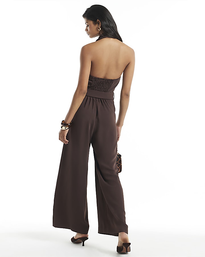 Brown Halter Neck Belted Jumpsuit