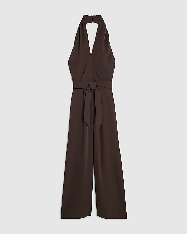 Brown Halter Neck Belted Jumpsuit